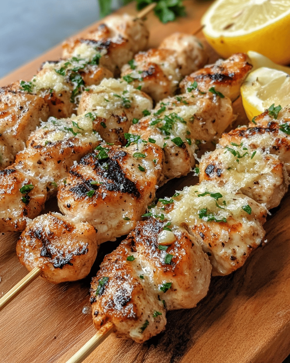 Juicy garlic parmesan chicken skewers freshly grilled, topped with melted parmesan and herbs, presented with lemon halves on a wooden serving board.