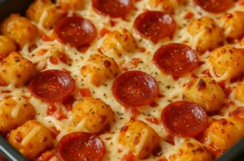 Freshly baked pizza tot casserole in a black baking dish, topped with melted mozzarella cheese and evenly spaced pepperoni slices, resting on a red and white checkered cloth with a small bowl of dipping sauce in the background.