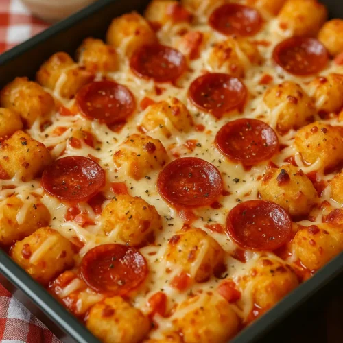 Freshly baked pizza tot casserole in a black baking dish, topped with melted mozzarella cheese and evenly spaced pepperoni slices, resting on a red and white checkered cloth with a small bowl of dipping sauce in the background.