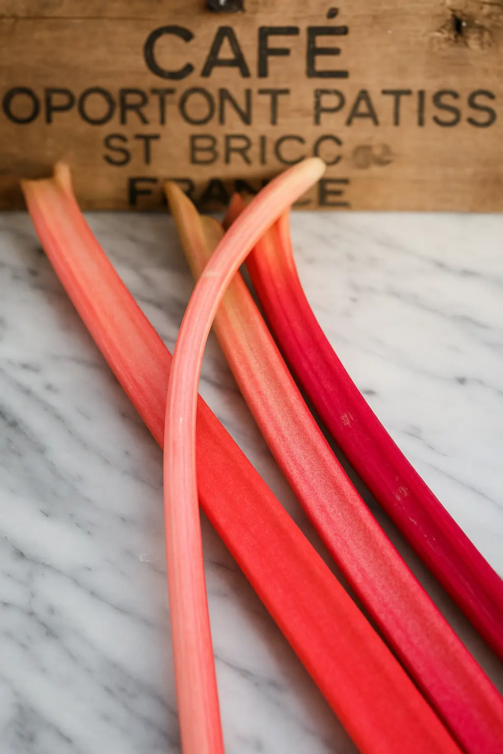 Fresh pink and red rhubarb stalks laid out on a marble countertop with a rustic wooden crate in the background.