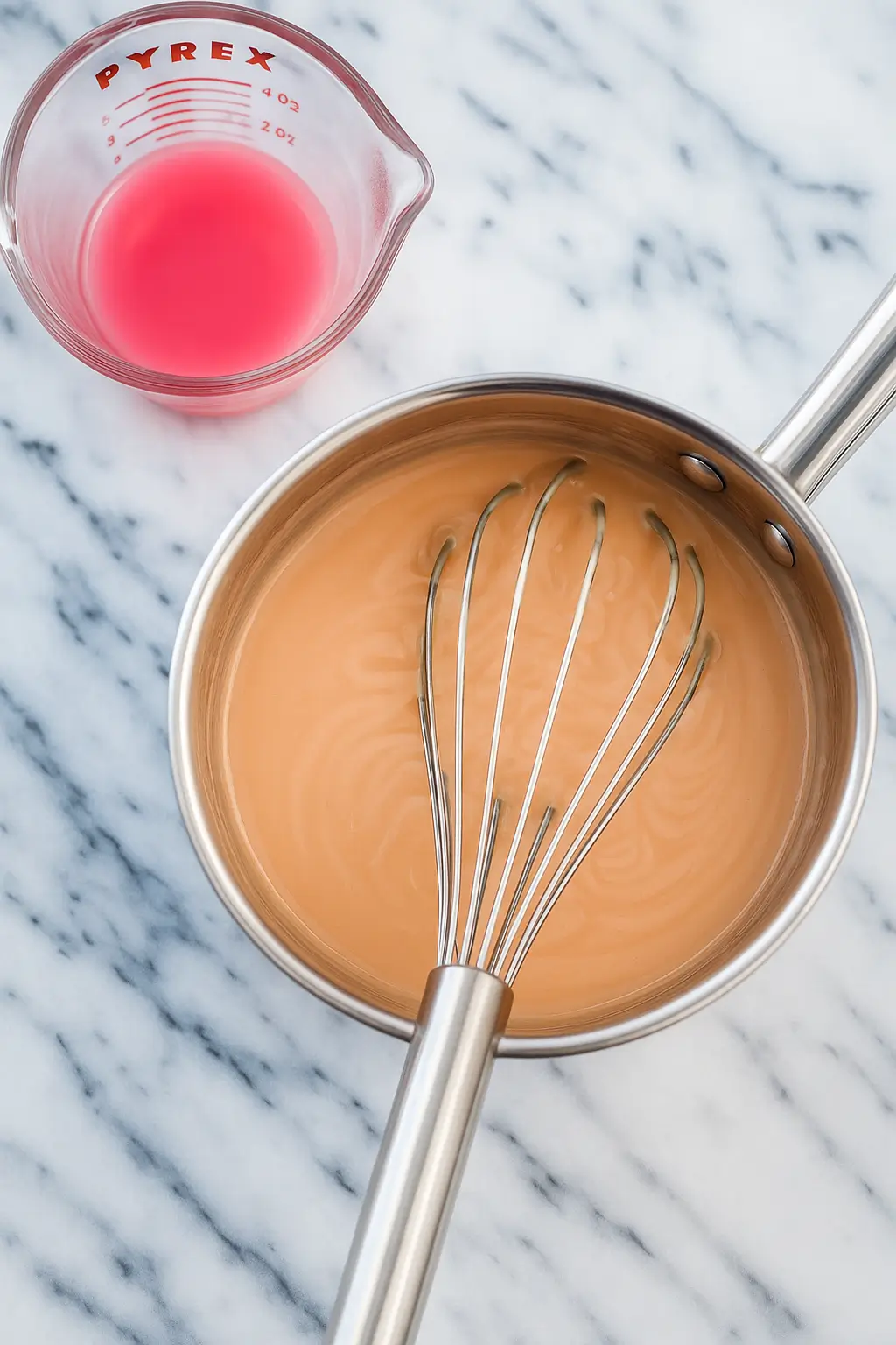 Rhubarb curd being whisked in a saucepan on a marble counter, with a small cup of pink rhubarb juice beside it.