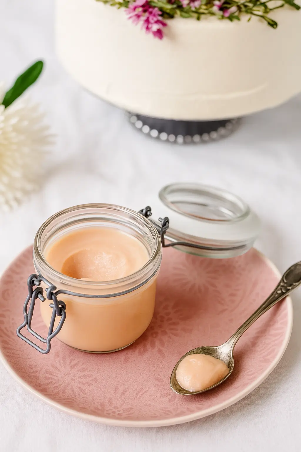 A jar of homemade rhubarb curd on a pink plate next to a spoon, with a frosted cake decorated with flowers in the background.