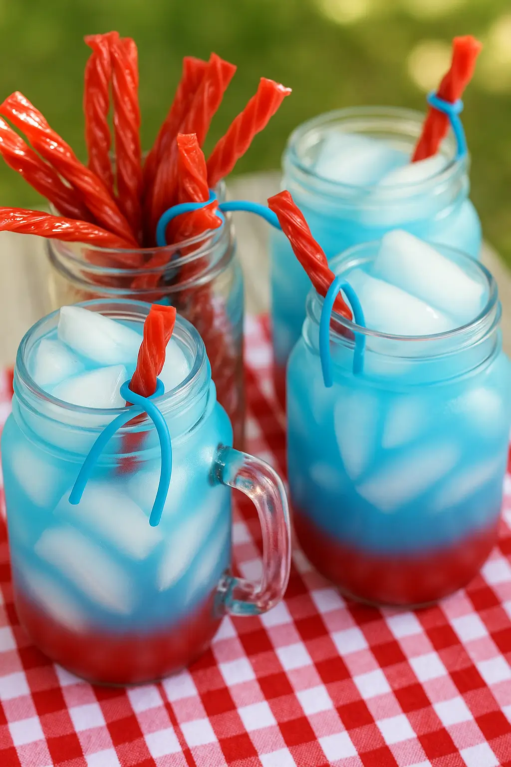 Four mason jars filled with red, white, and blue patriotic punch garnished with red licorice straws and blue candy lace ties