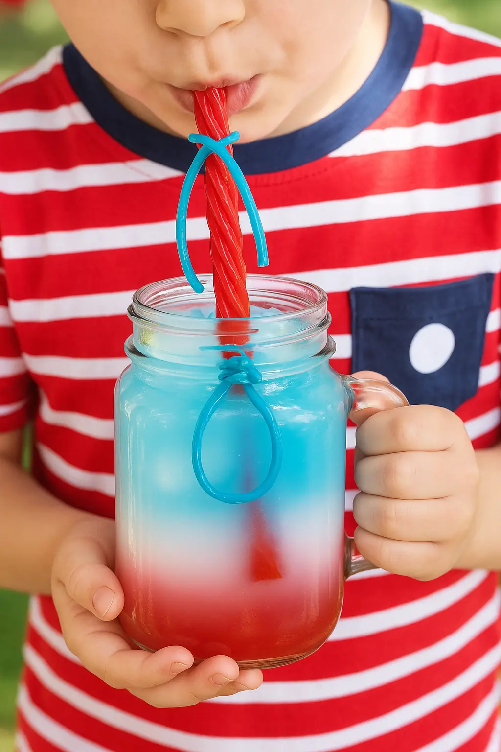 Child drinking kid-friendly patriotic punch from a mason jar using a Twizzlers licorice straw on the 4th of July