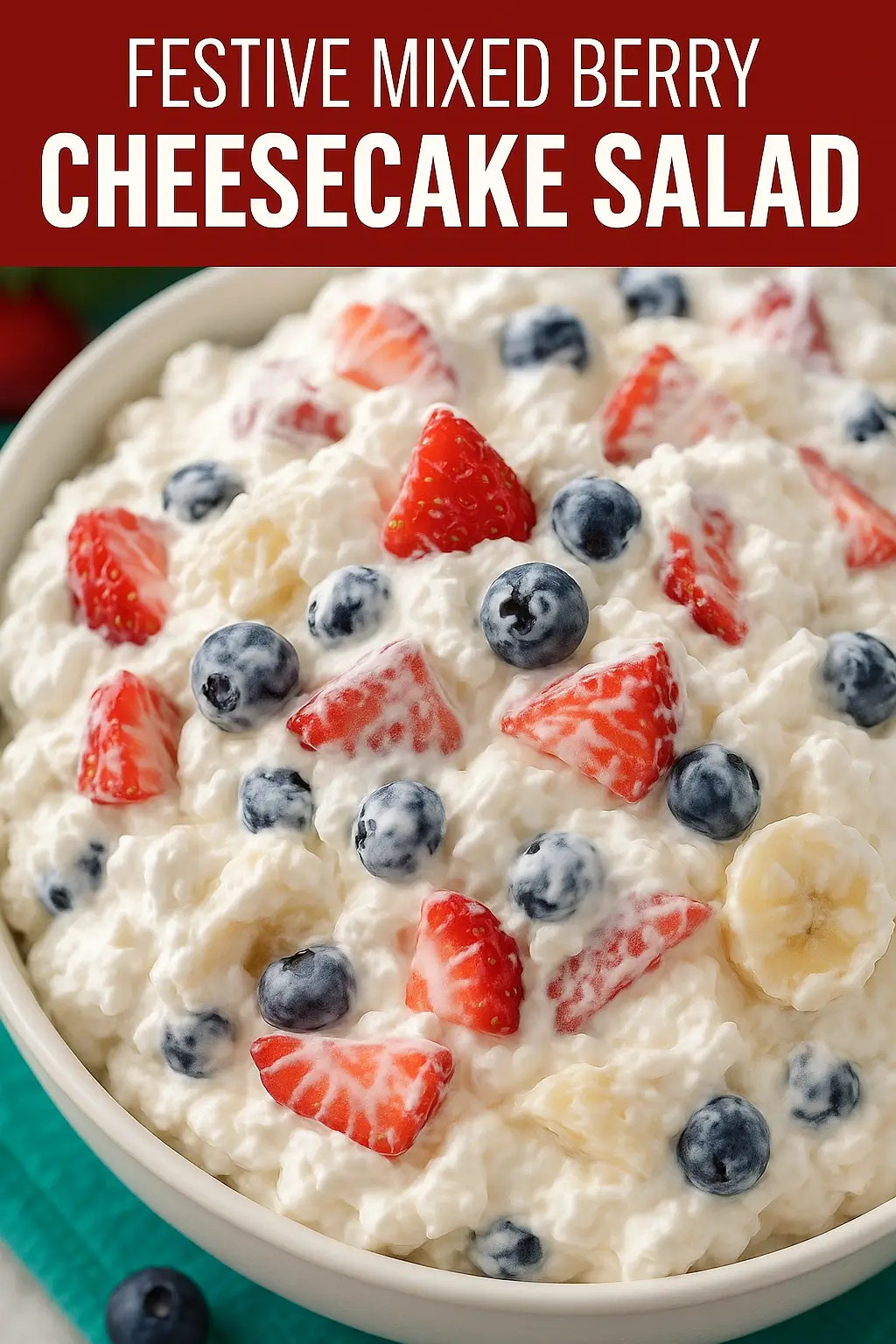 Overhead view of a bowl filled with mixed berry cheesecake salad, showing creamy texture with blueberries, strawberries, and banana slices.