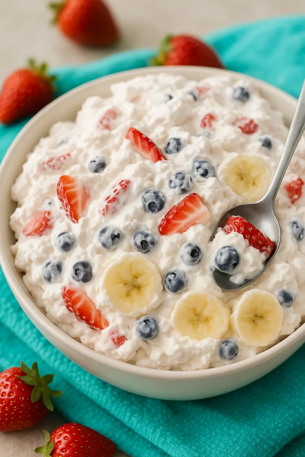 Close-up of a spoon in a bowl of cheesecake salad, highlighting the creamy base and fresh mixed berries including strawberries, blueberries, and banana slices.