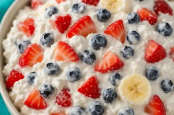 Bowl of festive mixed berry cheesecake salad with strawberries, blueberries, and banana slices in a creamy cheesecake mixture, topped with red and white text.