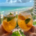 Close-up of a sparkling peach and apricot drink with visible fruit slices and bubbles, served in a clear glass with lemon and mint.