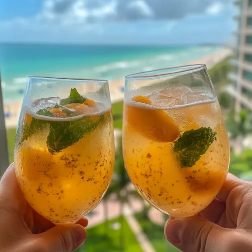 Close-up of a sparkling peach and apricot drink with visible fruit slices and bubbles, served in a clear glass with lemon and mint.