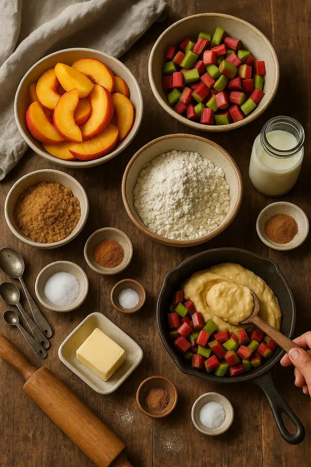 Overhead view of ingredients for peach rhubarb cobbler, including fresh sliced peaches, chopped rhubarb, flour, butter, brown sugar, spices, milk, and a wooden spoon mixing batter into rhubarb in a cast iron skillet.
