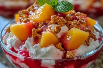 Individual serving of rhubarb peach pretzel jello salad in a glass bowl, topped with whipped cream, peaches, pretzels, and mint garnish.
