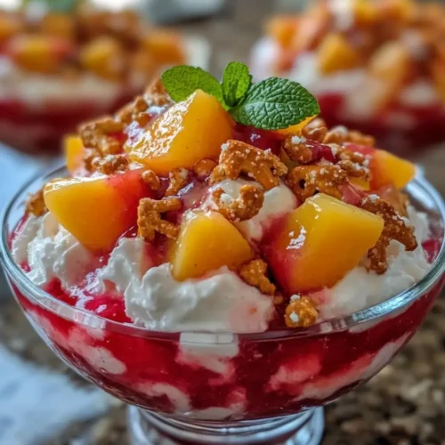 Individual serving of rhubarb peach pretzel jello salad in a glass bowl, topped with whipped cream, peaches, pretzels, and mint garnish.