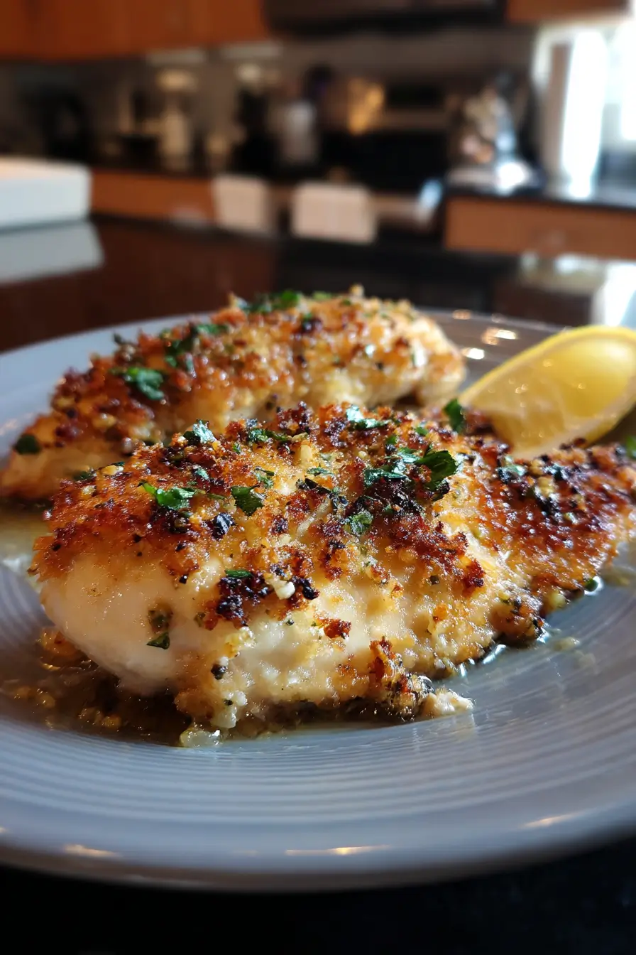 Crispy Parmesan-crusted lemon garlic chicken breasts garnished with parsley and lemon wedges on a gray plate
