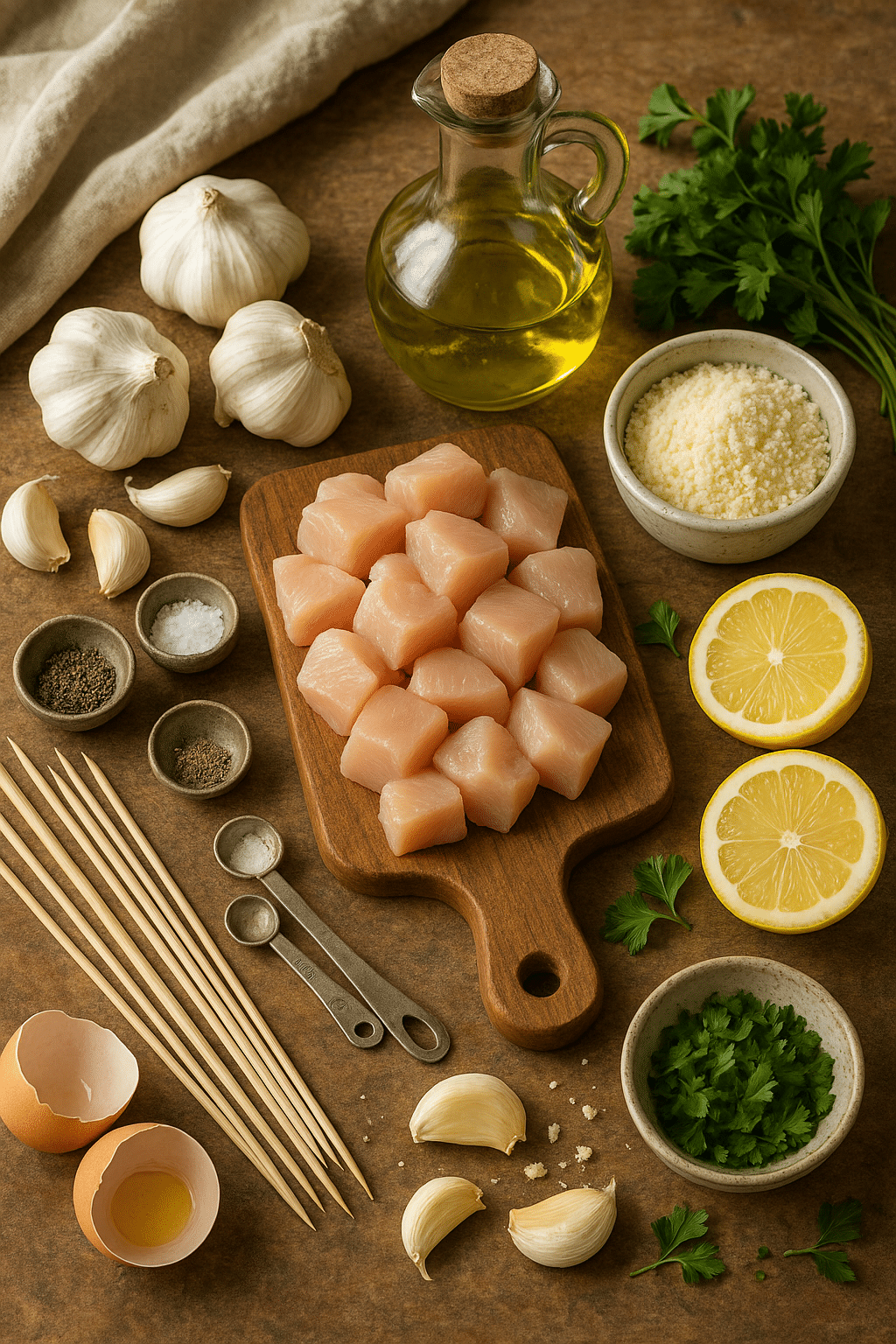 Raw ingredients for garlic parmesan chicken skewers including cubed chicken breast, garlic, olive oil, parsley, grated parmesan, lemons, and wooden skewers arranged on a rustic surface.