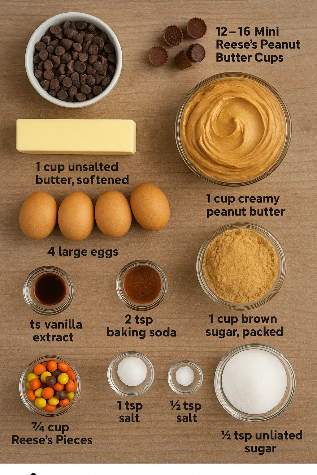 Flat lay photo of ingredients for Reese’s peanut butter cookies, including peanut butter, butter, eggs, chocolate chips, Reese’s Pieces, and mini Reese’s cups, all labeled on a wooden surface.