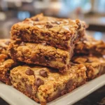 Close-up of stacked zucchini peach chocolate chip blondies on a white plate, showing their golden crust and gooey chocolate center.