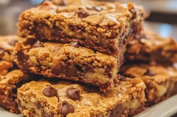Close-up of stacked zucchini peach chocolate chip blondies on a white plate, showing their golden crust and gooey chocolate center.