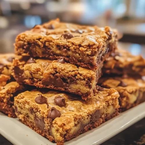 Close-up of stacked zucchini peach chocolate chip blondies on a white plate, showing their golden crust and gooey chocolate center.
