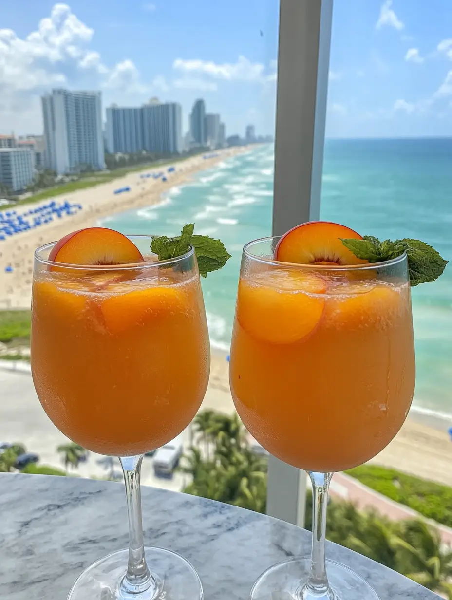 Refreshing peach and apricot spritzer in a tall glass with ice and mint garnish, surrounded by fresh fruit on a sunny summer table.