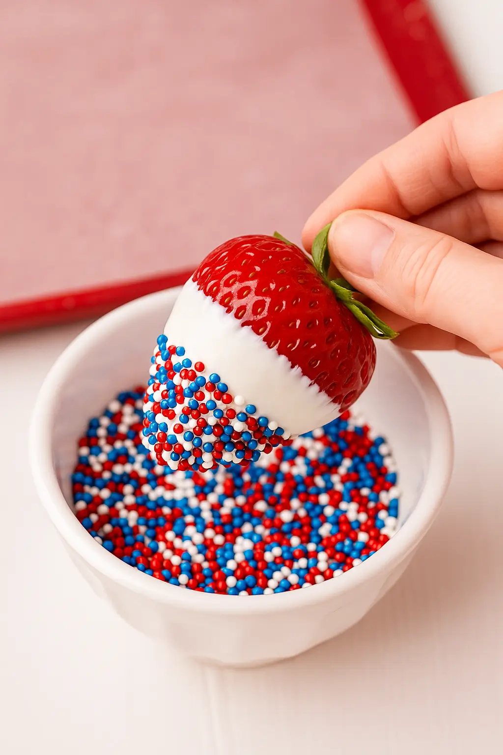 Hand holding a fresh strawberry dipped in white chocolate being rolled in patriotic red, white, and blue sprinkles