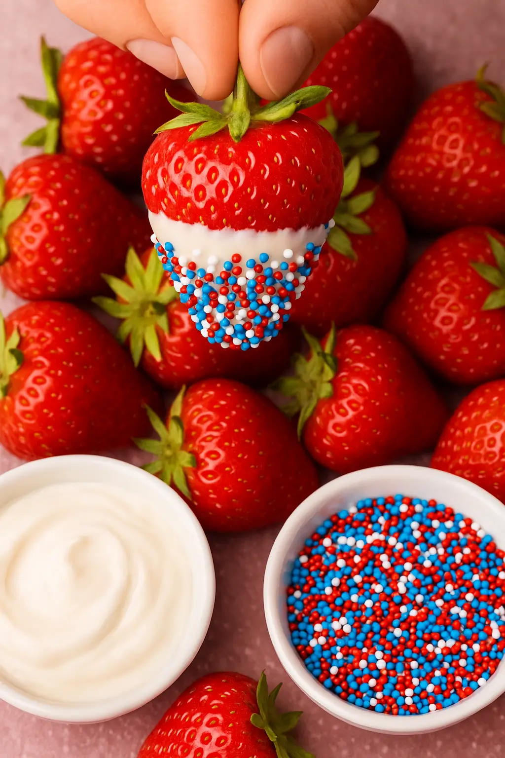 Overhead view of fresh strawberries, a bowl of white chocolate, and red, white, and blue sprinkles on parchment paper