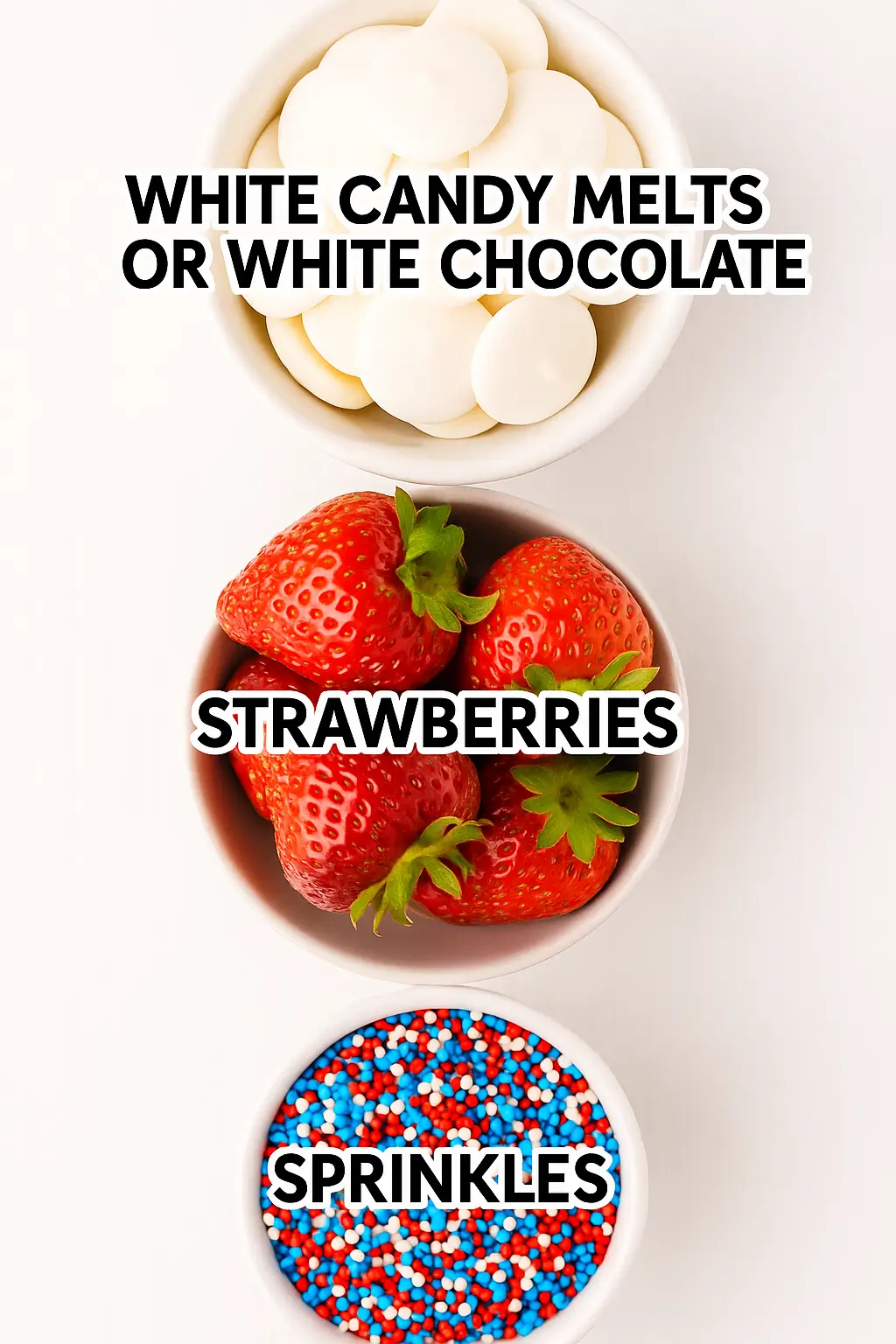 Three labeled bowls of ingredients for 4th of July strawberries: white candy melts or white chocolate, fresh strawberries, and patriotic sprinkles