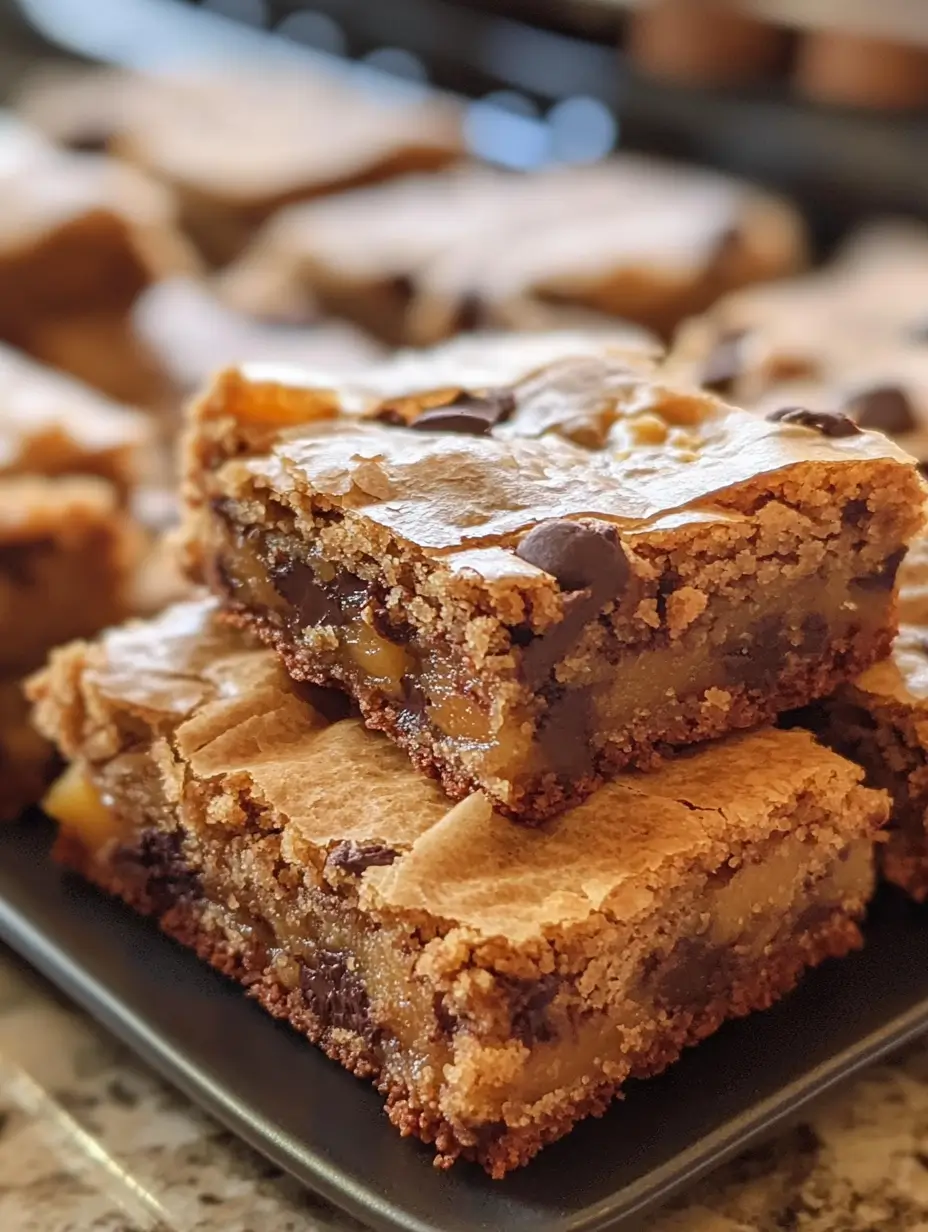 Chewy zucchini peach chocolate chip blondies on a black plate with visible chunks of peach and melted chocolate.
