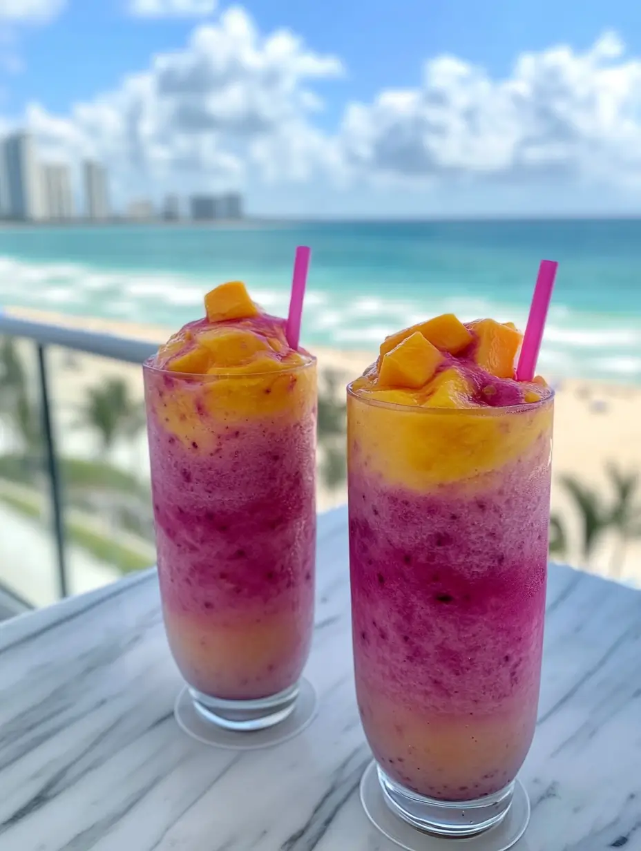 Two tall glasses of swirled dragonfruit and mango slush with diced mango on top and pink straws. Set on a balcony overlooking a bright, sunny beach with turquoise waves.