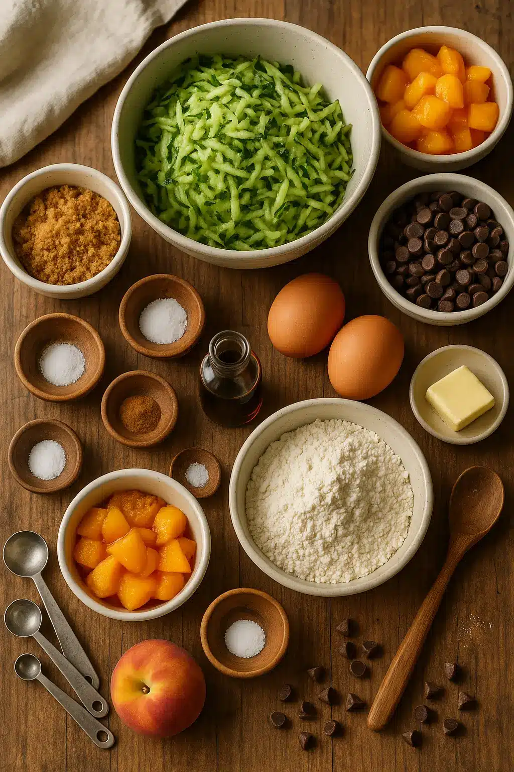 Overhead shot of ingredients for zucchini peach chocolate chip blondies, including shredded zucchini, diced peaches, chocolate chips, flour, eggs, butter, brown sugar, and vanilla extract.