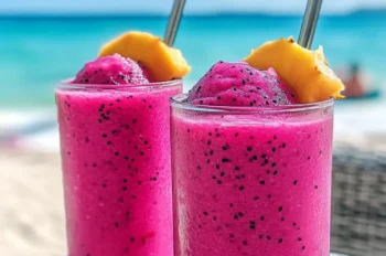Two tall glasses of bright pink dragonfruit slush served on a beachside table, each topped with a wedge of fresh mango and a metal straw. Ocean and sky in the background.