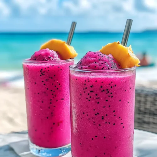 Two tall glasses of bright pink dragonfruit slush served on a beachside table, each topped with a wedge of fresh mango and a metal straw. Ocean and sky in the background.