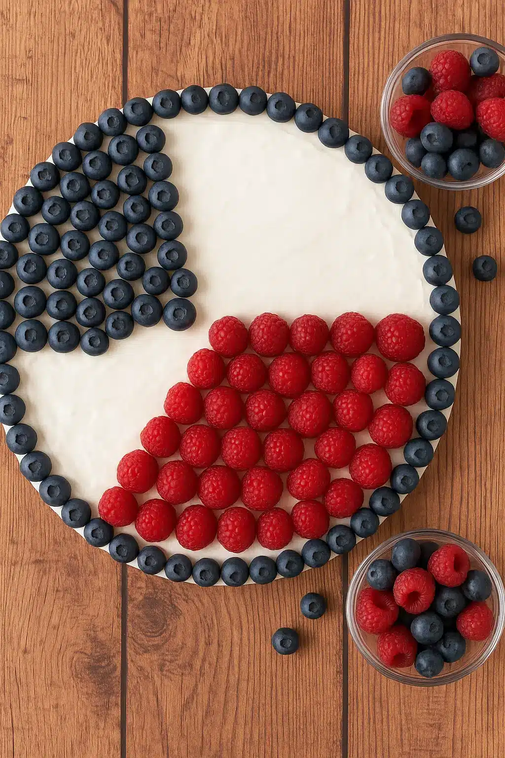 Fruit pizza with cream cheese frosting and blueberries arranged to form the stars and border of the flag