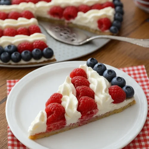 A slice of American Flag Fruit Pizza on a white plate with raspberries, blueberries, and whipped cream stripes