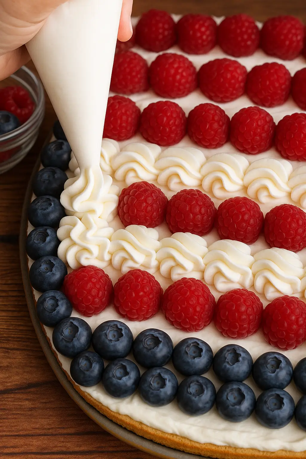 Piping whipped cream between rows of raspberries and blueberries on an American Flag Fruit Pizza crust