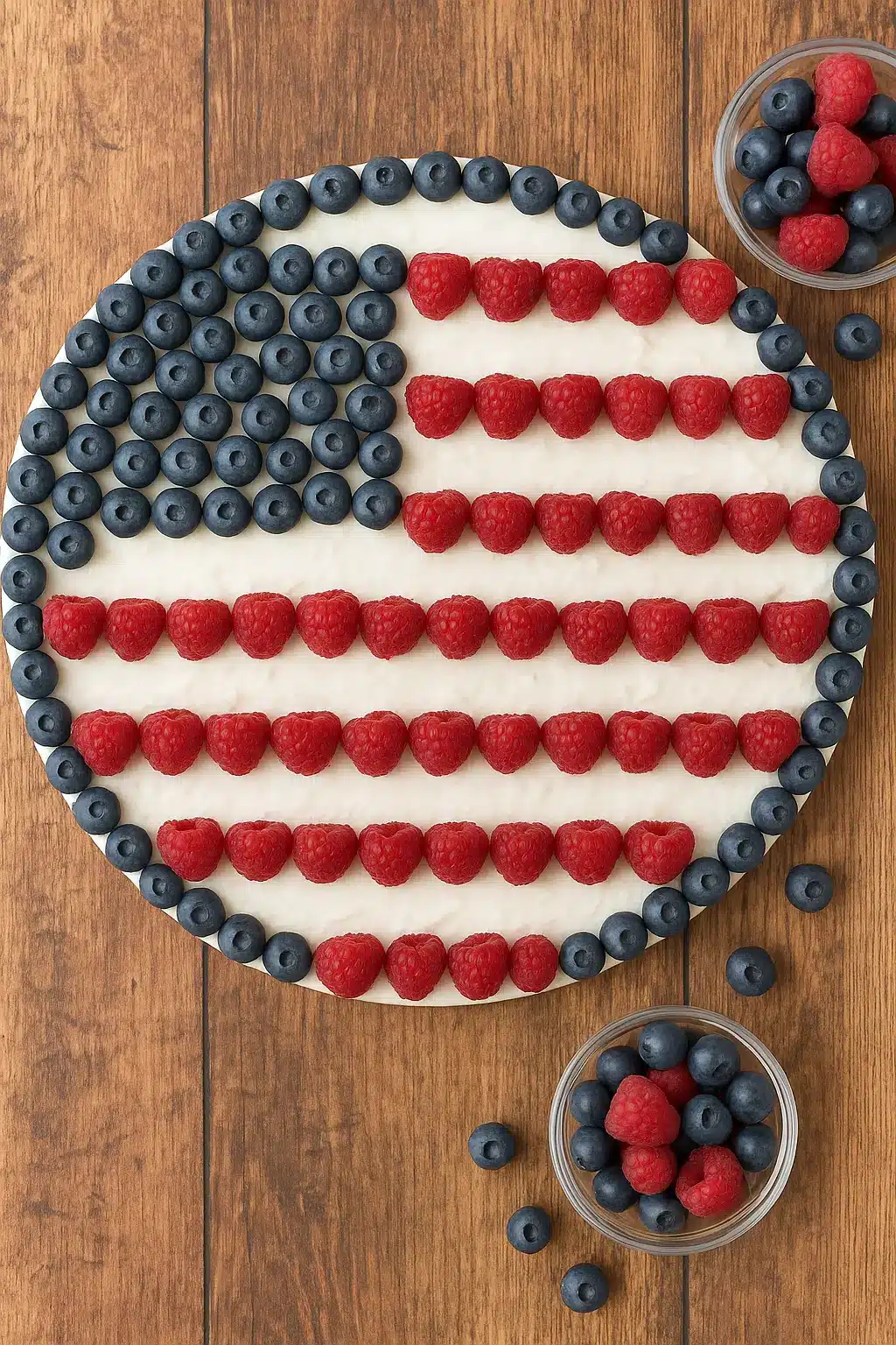 American Flag Fruit Pizza in progress with rows of raspberries and a section of blueberries forming the flag