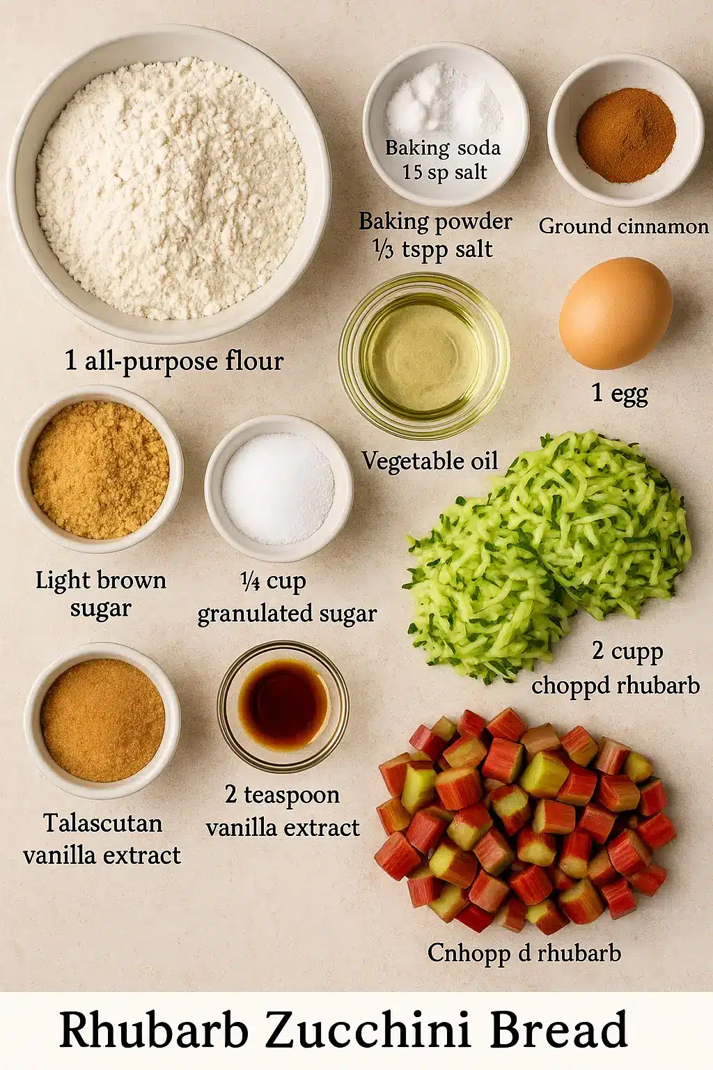 Ingredients for Rhubarb Zucchini Bread including flour, egg, zucchini, rhubarb, brown sugar, and vanilla extract arranged on a countertop.