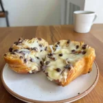 Halved chocolate chip sourdough cruffin with visible layers and melted vanilla pastry cream on a white plate