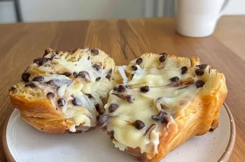 Halved chocolate chip sourdough cruffin with visible layers and melted vanilla pastry cream on a white plate