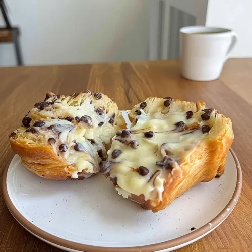 Halved chocolate chip sourdough cruffin with visible layers and melted vanilla pastry cream on a white plate