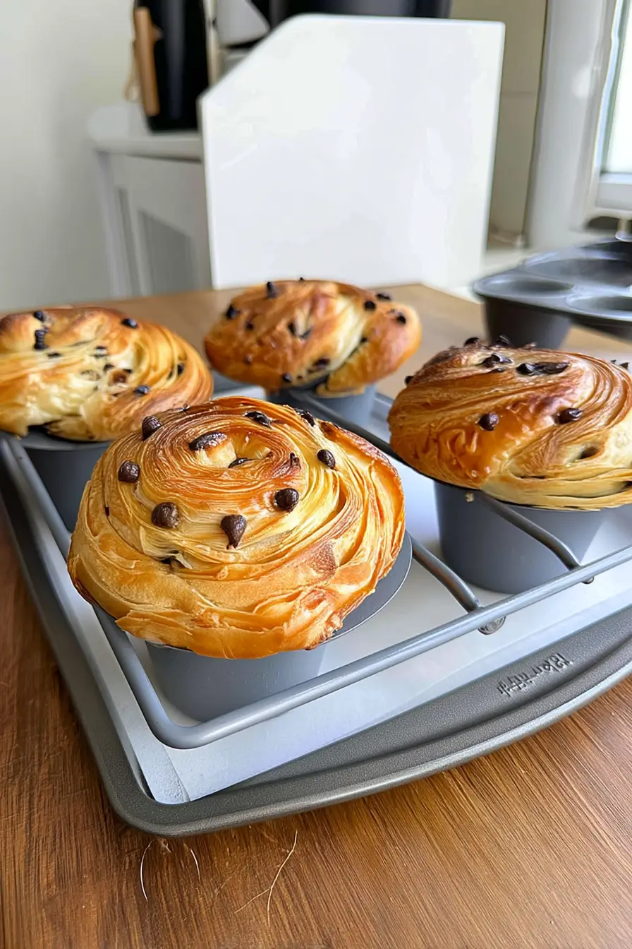 Freshly baked chocolate chip sourdough cruffins in muffin tins cooling on a wooden countertop