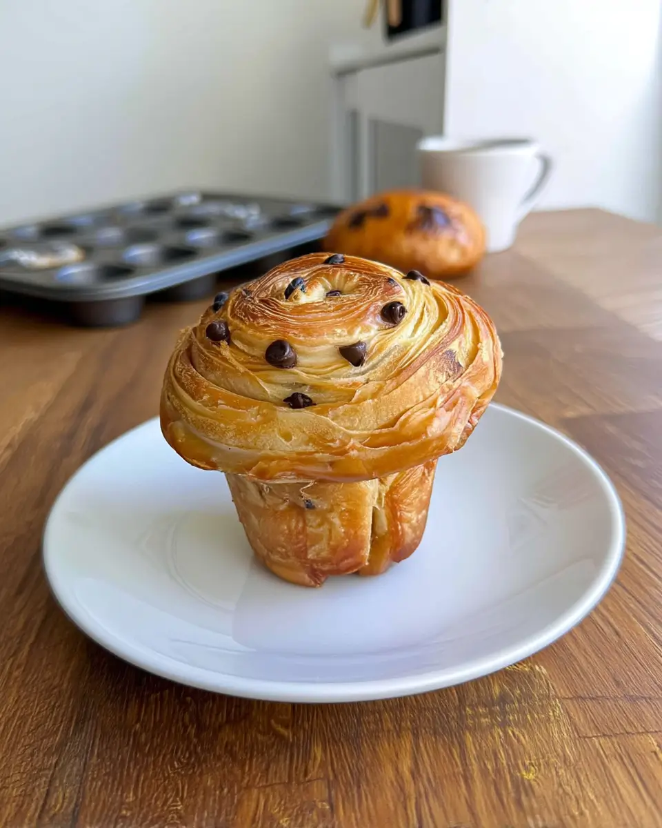 Single chocolate chip sourdough cruffin standing upright on a white plate, showing golden laminated layers