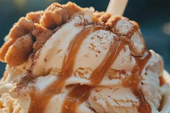 Churro Cinnamon Delight Ice Cream served in a white cup with a spoon, drizzled with caramel and topped with crumbled churro pieces against a sunny outdoor backdrop.