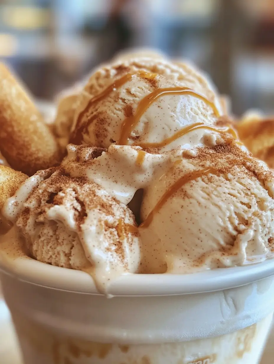  Close-up of creamy churro ice cream in a white cup, sprinkled with cinnamon sugar and finished with a swirl of caramel sauce, with churro sticks in the background.