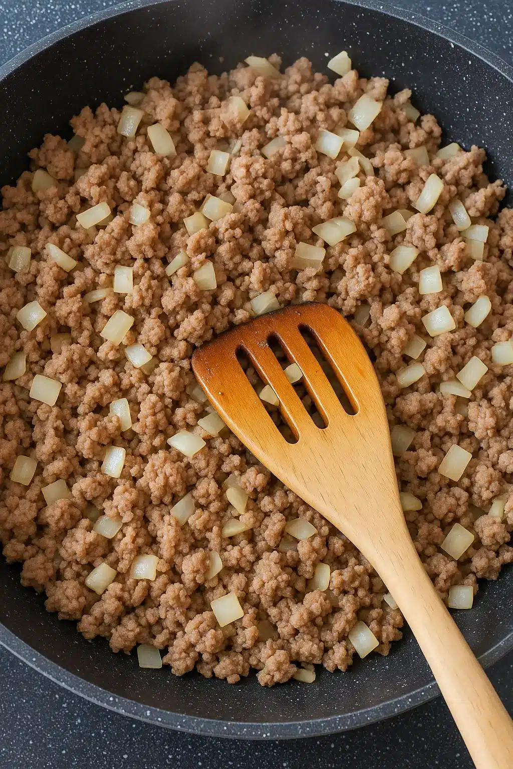 Cooked ground beef with diced onions in a nonstick skillet being stirred with a wooden spatula.