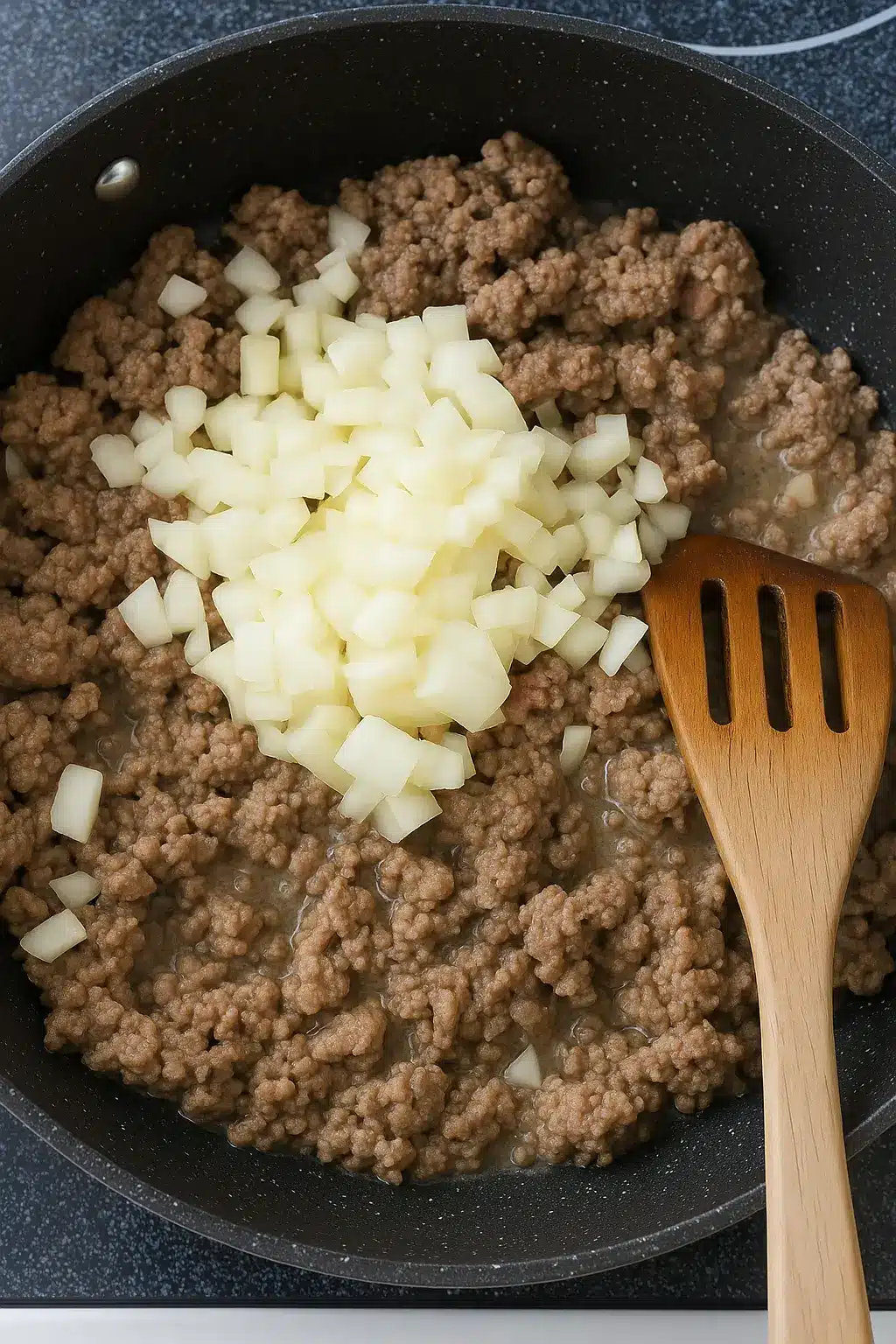 Ground beef mixture with chopped raw onions being stirred in a black skillet during cooking.