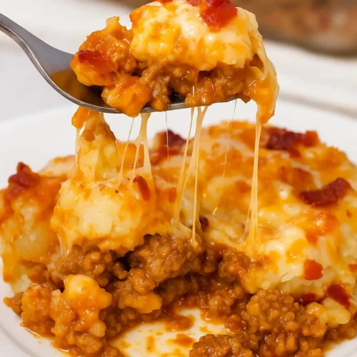 Close-up of a fork lifting a cheesy, bacon cheeseburger tater tot casserole with melted cheese strands.