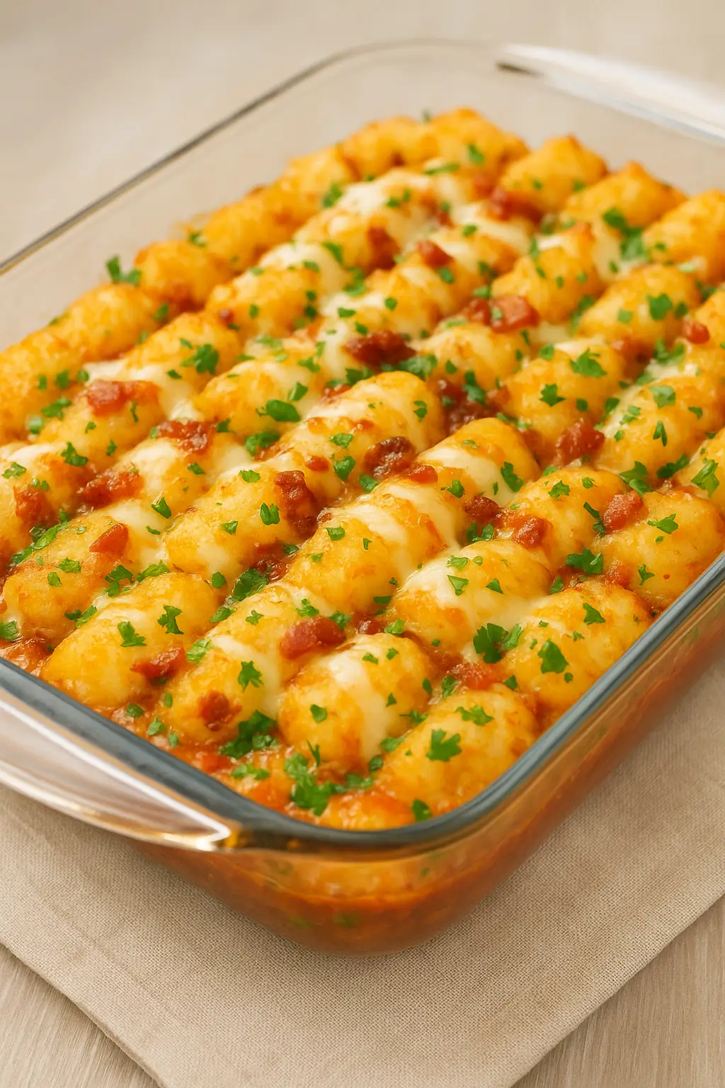 Baked bacon cheeseburger tater tot casserole in a glass dish, topped with parsley and turkey bacon bits.