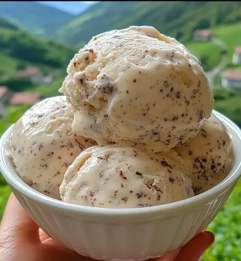 A white bowl filled with four scoops of no-churn cottage cheese ice cream with chocolate pieces, held by hand with a scenic green valley and mountains in the distance.