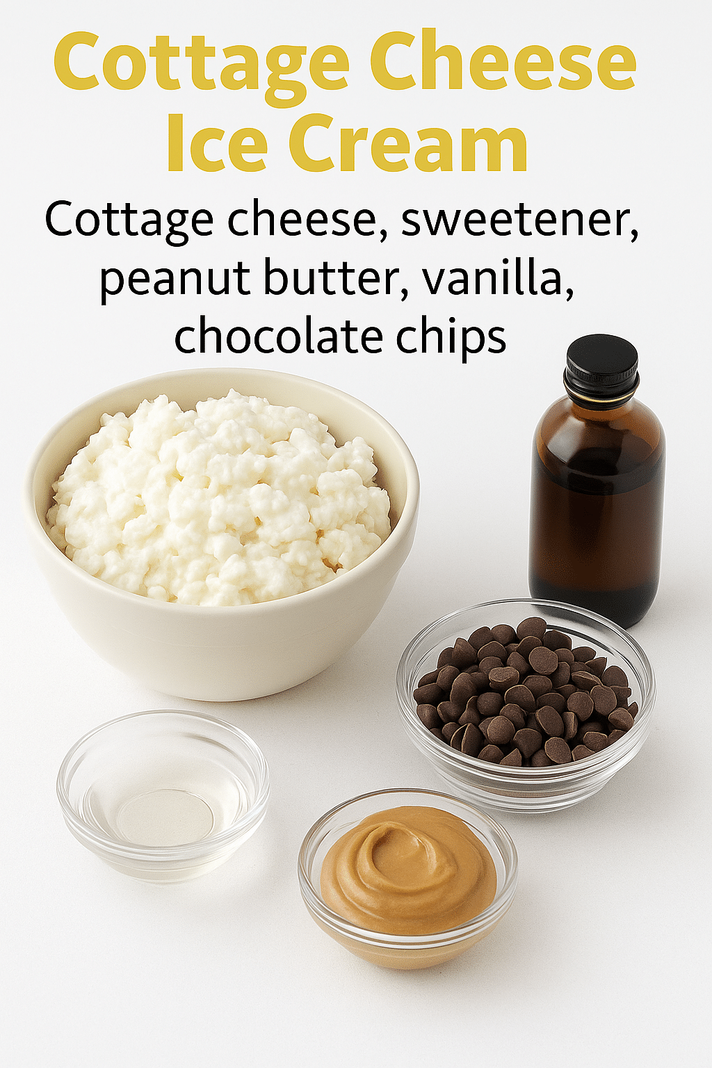Overhead view of cottage cheese ice cream ingredients: a bowl of cottage cheese, chocolate chips, vanilla extract, peanut butter, and sweetener arranged on a white background with labeled text above.