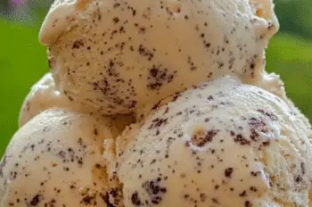 Close-up of creamy cottage cheese ice cream with chocolate flecks, served in a white paper cup and held outdoors with a mountain landscape in the background.